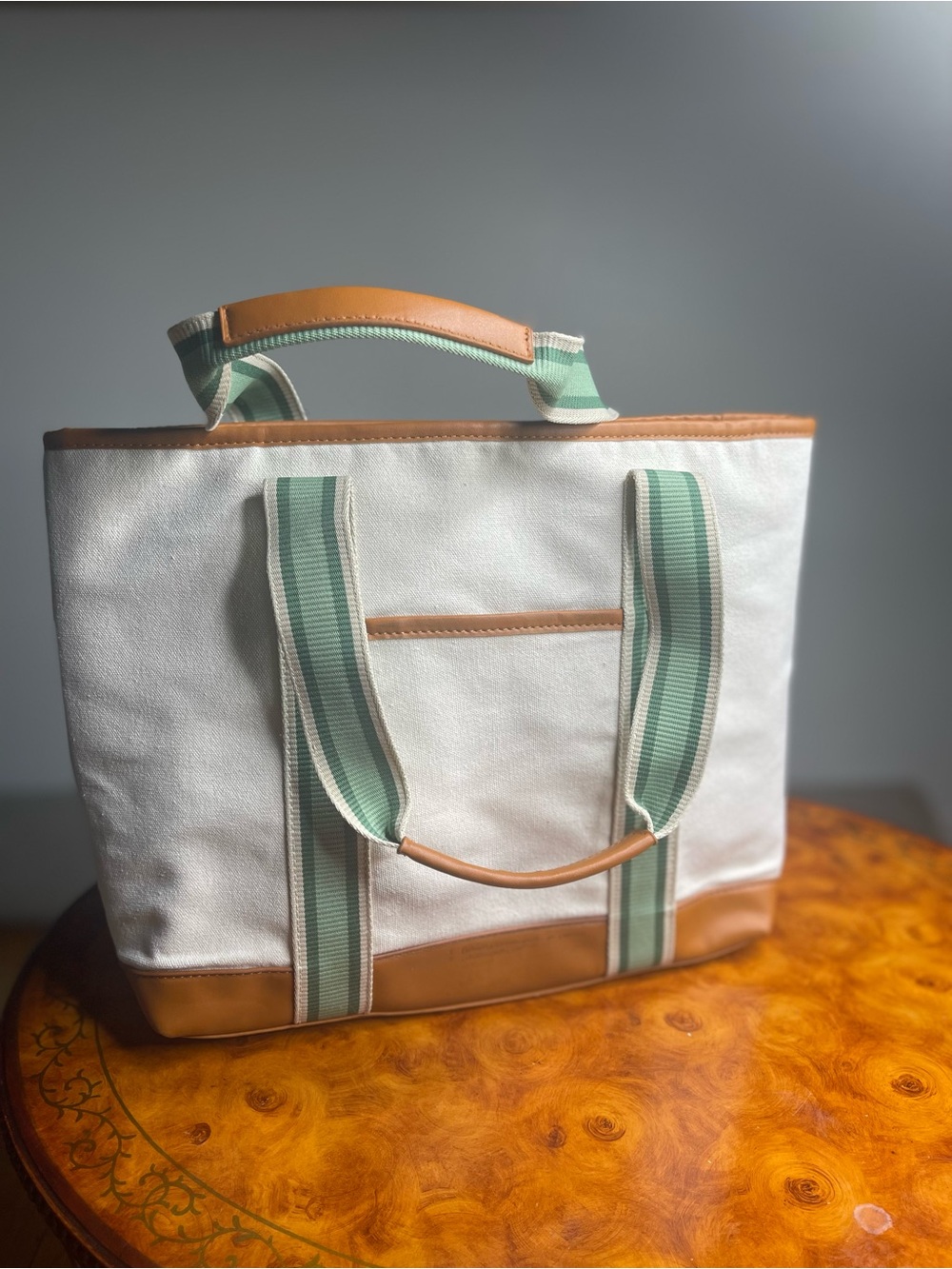 Canvas Tote with Mint Striped Webbing and Tan Leather Trim